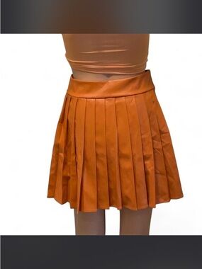 Orange faux leather Pleated Mini Skirt